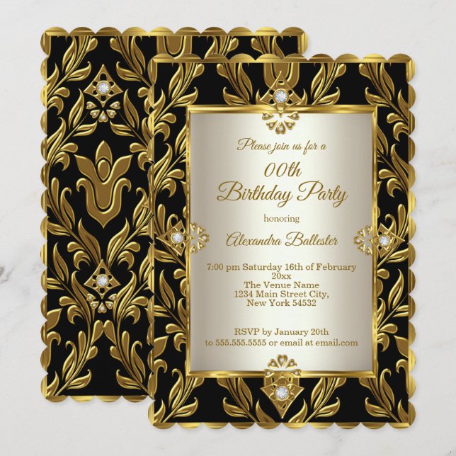 Invitation Elégante Crème d'or Damask Noir fête d'anniversair (Devant / Derrière)