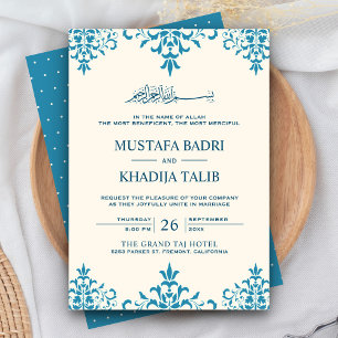 Invitation Elégante crème et bleu Damas Mariage islamique