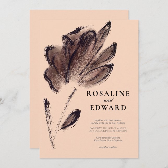 Invitation Elégante crème et Brown aquarelle Mariage floral (Devant / Derrière)