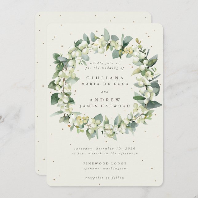 Invitation Elégante crème Snowberry+Eucalyptus Wreath Mariage (Devant / Derrière)