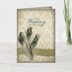 Invitation élégante crème vintage damask mariage de paon