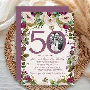 Invitation Élégante crème violette photo florale 50e annivers