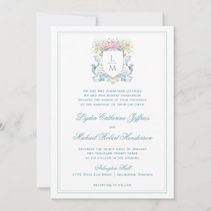 Invitation Élégante crête avec Roses Mariage de monogramme