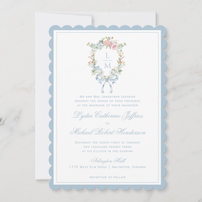 Invitation Élégante crête de couronne fleurie | Mariage monog (Devant)