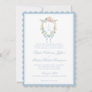 Invitation Élégante crête de couronne fleurie   Mariage monog