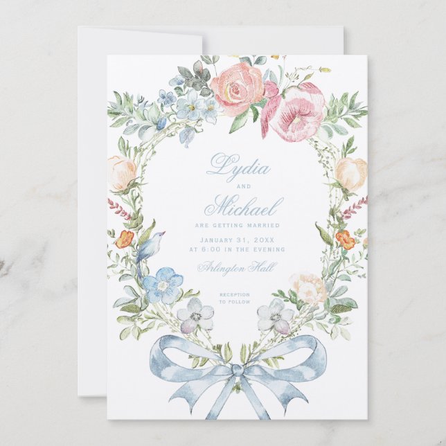Invitation Élégante crête de couronne fleurie | Mariage monog (Devant)