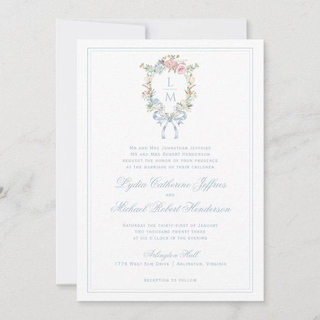 Invitation Élégante crête de couronne fleurie | Mariage monog (Devant)