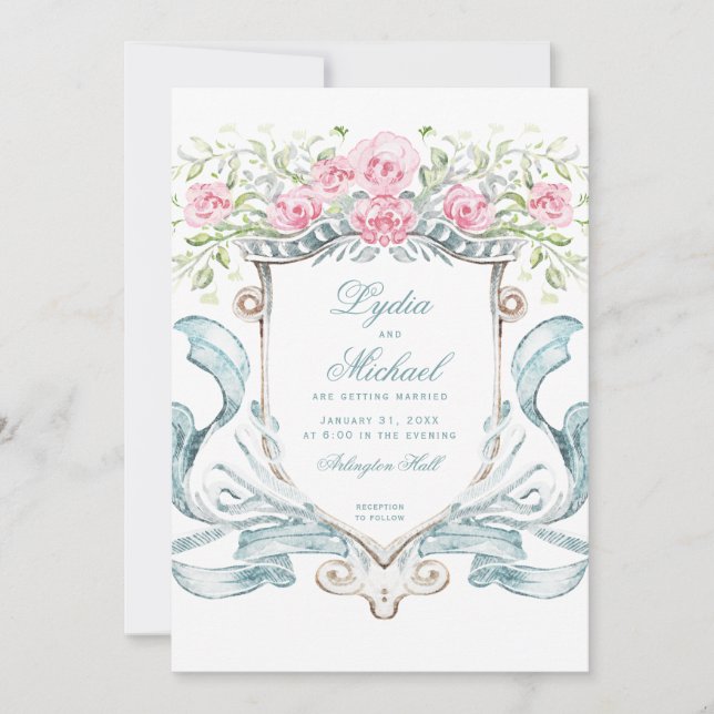 Invitation Élégante crête de mariage avec Rose | Monogramme (Devant)