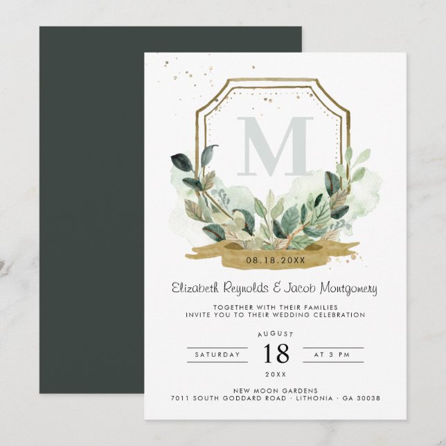 Invitation Élégante crête dorée de verdure d'eucalyptus pour  (Devant / Derrière)