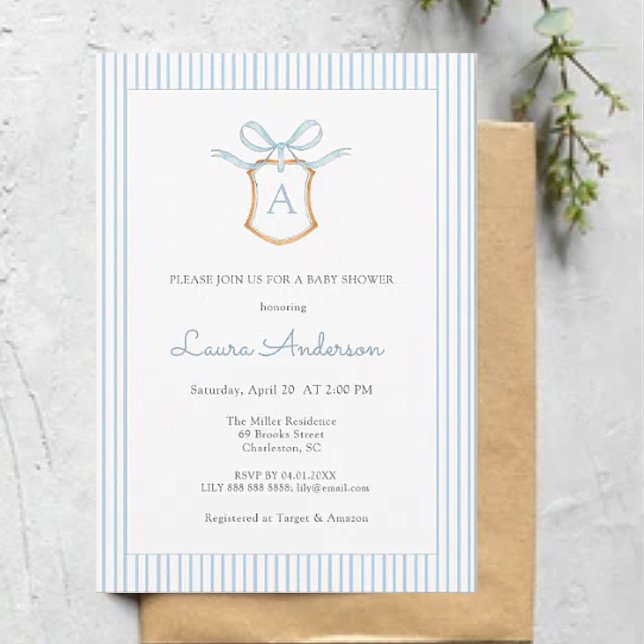 Invitation Élégante crête monogramme Baby shower Blue Boy (Créateur téléchargé)