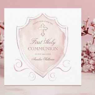 Invitation Élégante crête rose d'aquarelle première communion