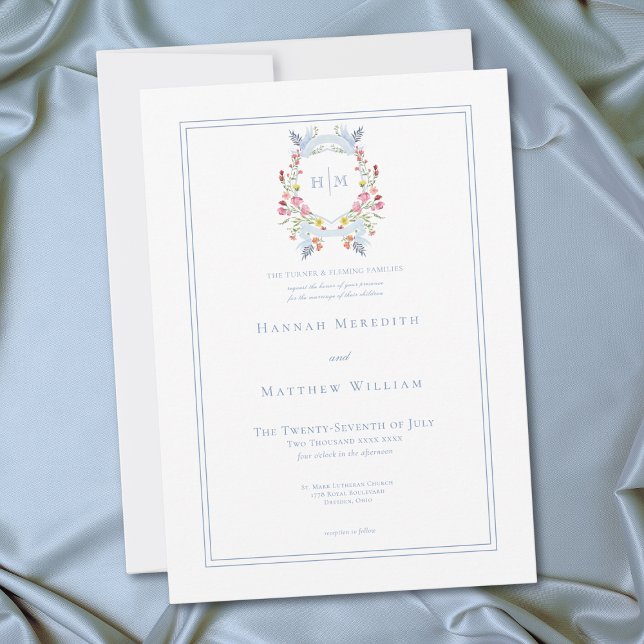 Invitation Élégante Crête Royale de Mariage Fleur Sauvage au  (Elegant Blue Pastel Wildflower Regal Crest Wedding Invitation)