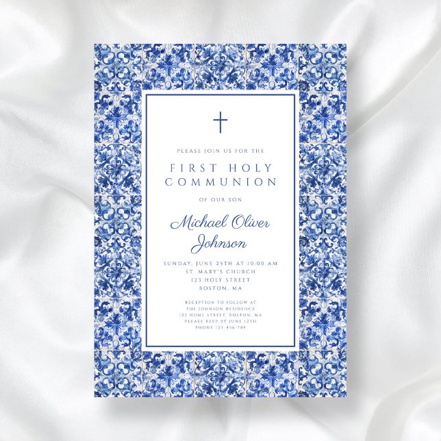 Invitation Elégante Croix Bleue Carreaux Garçon Première Comm (Elegant Cross Blue Tiles Boy First Communion Invitation)
