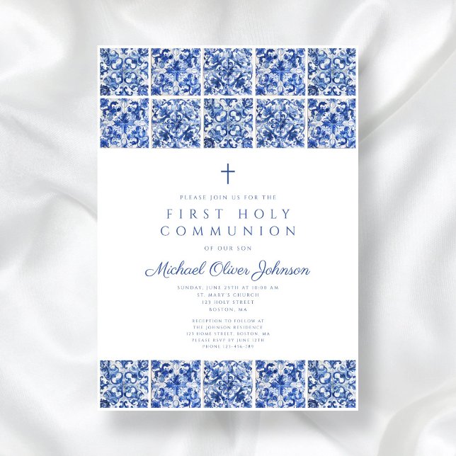 Invitation Elégante Croix Bleue Carreaux Garçon Première Comm (Elegant Cross Blue Tiles Boy First Communion Invitation)
