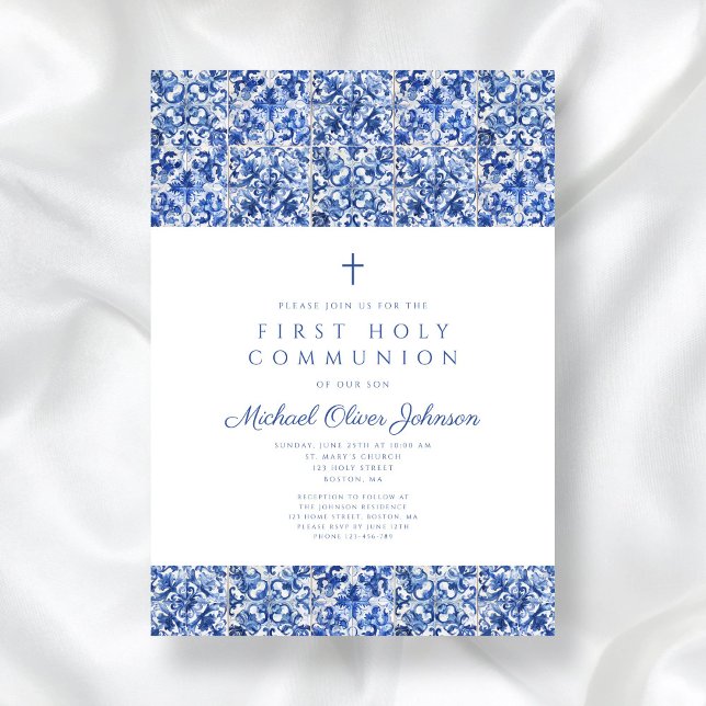 Invitation Elégante Croix Bleue Carreaux Garçon Première Comm (Elegant Cross Blue Tiles Boy First Communion Invitation)