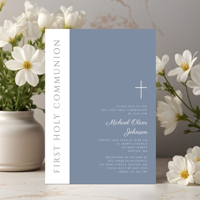 Invitation Elégante Croix Bleue Dusty moderne première commun (Elegant Modern Dusty Blue Cross First Communion Invitation)
