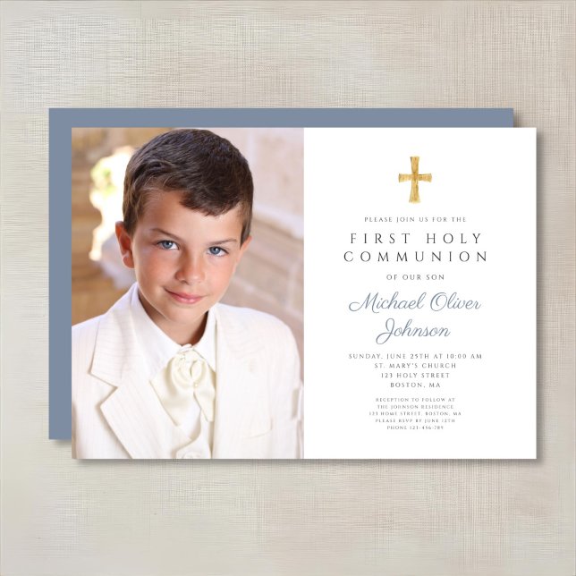 Invitation Elégante Croix Bleue Dusty Photo Boy First Communi (Elegant Dusty Blue Cross Photo Boy First Communion Invitation)