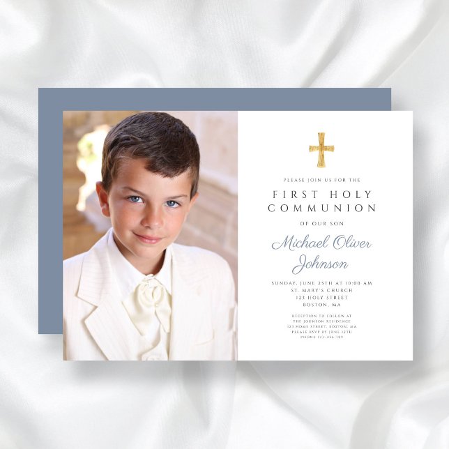 Invitation Elégante Croix Bleue Dusty Photo Boy First Communi (Elegant Dusty Blue Cross Photo Boy First Communion Invitation)