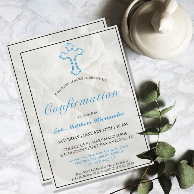 Invitation Elégante Croix Bleue Marbre Garçons Confirmation (MODERN BLUE CROSS MARBLE CONFIRMATION INVITATION)