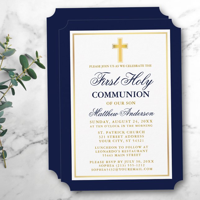 Invitation Elégante Croix Bleue Or Première Communion Sainte (Customize to change text size, color or text style.)