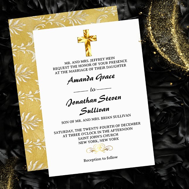 Invitation Élégante croix chrétienne de Noël dorée pour maria (Elegant Gold Christmas Eve Christian Cross Wedding Invitation)