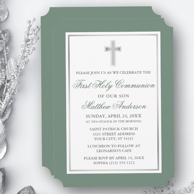 Invitation Elégante Croix d'argent Sage Green Première commun (Customize to change text size, style, color or to add more text or photos to back of card.)