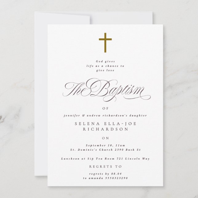 Invitation Élégante croix de bois Calligraphie Baptême (Devant)