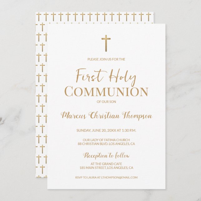 Invitation Elégante Croix d'or blanc Garçon Première communio (Devant / Derrière)