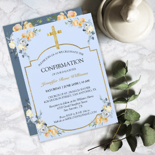 Invitation Elégante Croix d'or bleu Floral Confirmation
