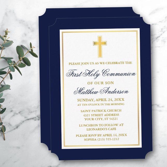 Invitation Elégante Croix d'or bleu première communion (Customize to change text size, style, color or to add more text or photos to back of card.)