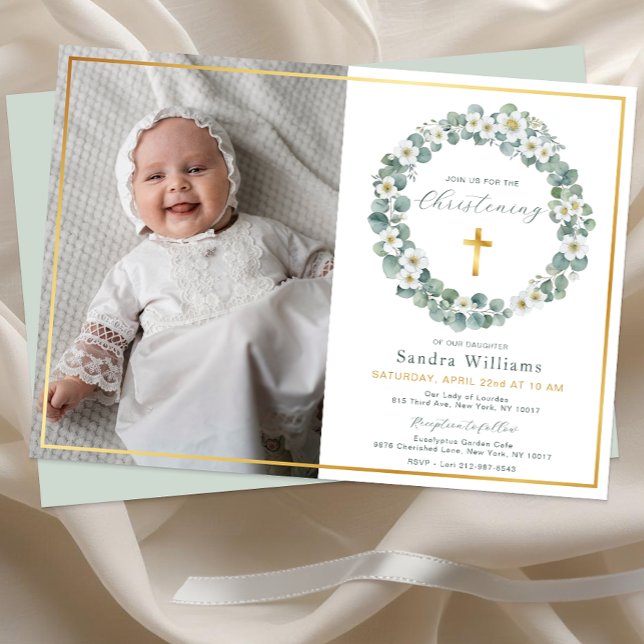 Invitation Elégante Croix d'or Eucalyptus Green Photo (Elegant Baptism Invitation)