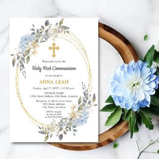 Invitation Élégante Croix d'or florale Première communion