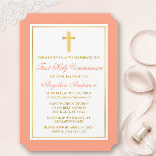 Invitation Elégante Croix d'or Peach Première communion