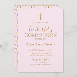 Invitation Elégante Croix d'or rose fille Première communion