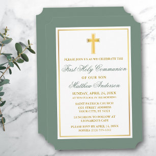 Invitation Elégante Croix d'or Sage Green Première communion