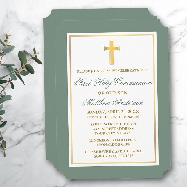 Invitation Elégante Croix d'or Sage Green Première communion (Customize to change text size, style, color or to add more text or photos to back of card.)