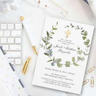 Invitation Elégante Croix d'Or Sainte Communion Verdure