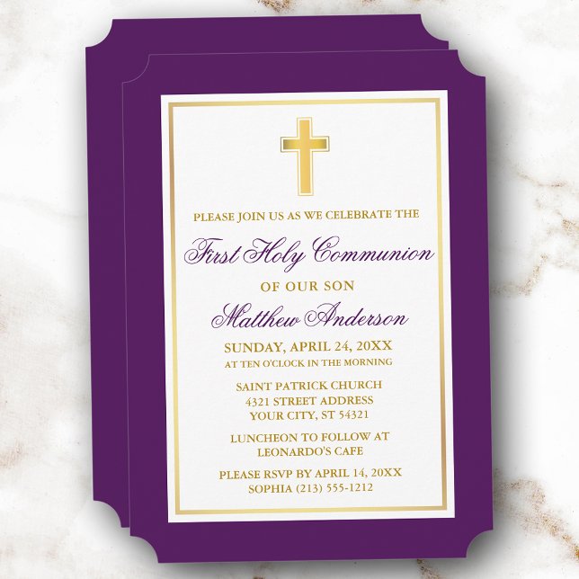 Invitation Elégante Croix d'or violet première communion (Customize to change text size, style, color or to add more text or photos to back of card.)