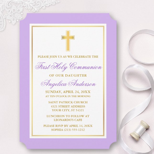 Invitation Elégante Croix d'or Violet Première Communion (Customize to change text size, style, color or to add more text or photos to back of card.)