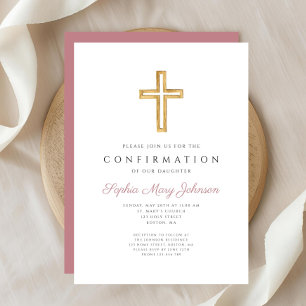 Invitation Élégante Croix religieuse rose Confirmation fille