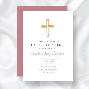 Invitation Élégante Croix religieuse rose Confirmation fille