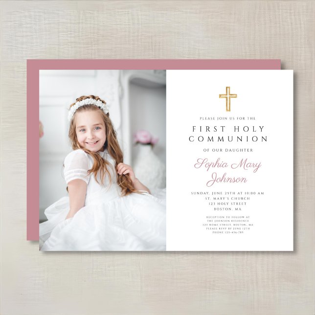 Invitation Elégante Croix rose fille photo première communion (Pink Religious Cross Girl First Communion Photo Invitation)