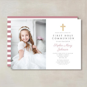Invitation Élégante Croix rose fille première communion photo