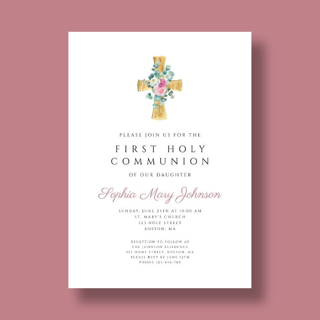 Invitation Elégante Croix rose Florale Première Communion Sai (Elegant Pink Floral Cross First Holy Communion Invitation)