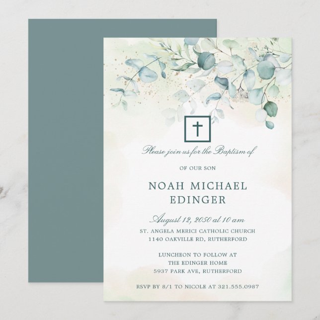 Invitation Elégante croix verdure Eucalyptus Baptême (Devant / Derrière)