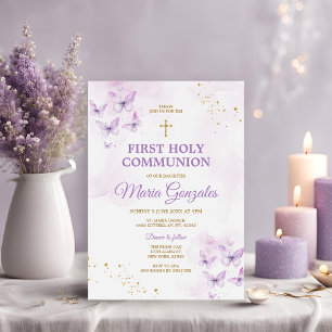 Invitation Élégante Croix violette et or Première communion s