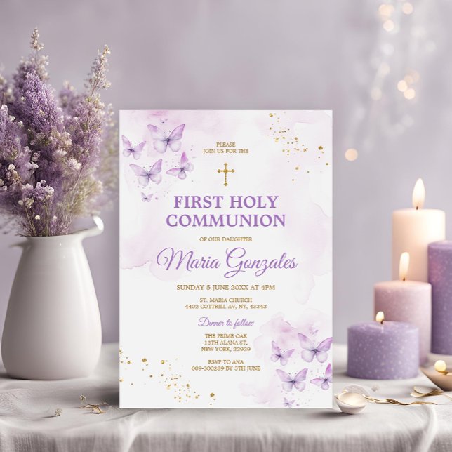 Invitation Élégante Croix violette et or Première communion s (Créateur téléchargé)