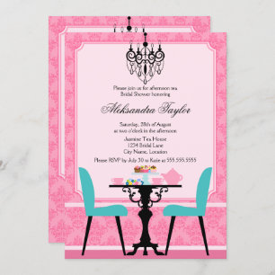 Invitation Elégante Damas et lustre Pink Aqua Tea Party