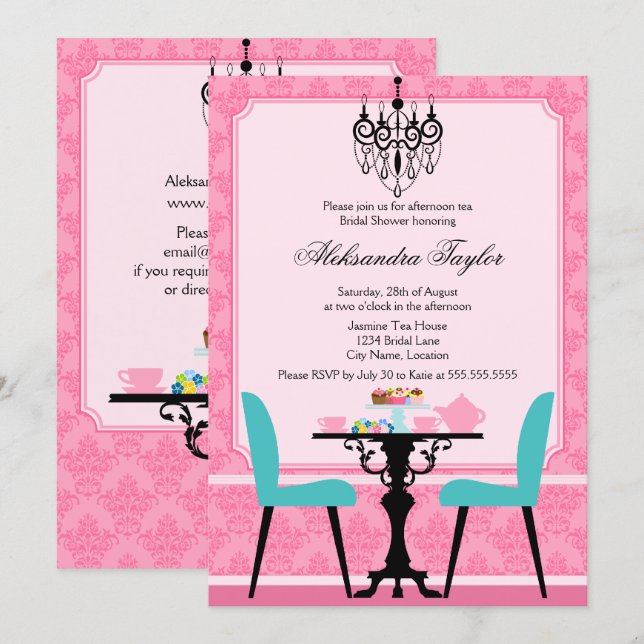 Invitation Elégante Damas et lustre Pink Aqua Tea Party (Devant / Derrière)