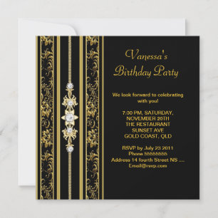Invitation Elégante Damask Anniversaire Party Gold Black